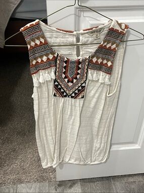Lucky Brand Cream Tank with Rust and Black Embroidered Yoke